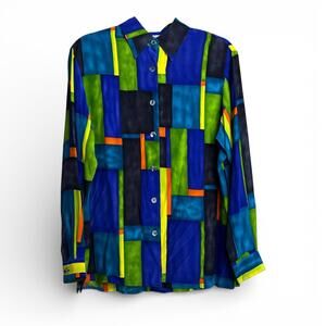 Vintage Silk Long Sleeve Button-Up Shirt with Geometric Pattern